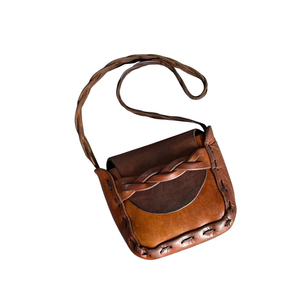 Vintage Brown Leather Shoulder Bag Braided Strap Boho Hippie